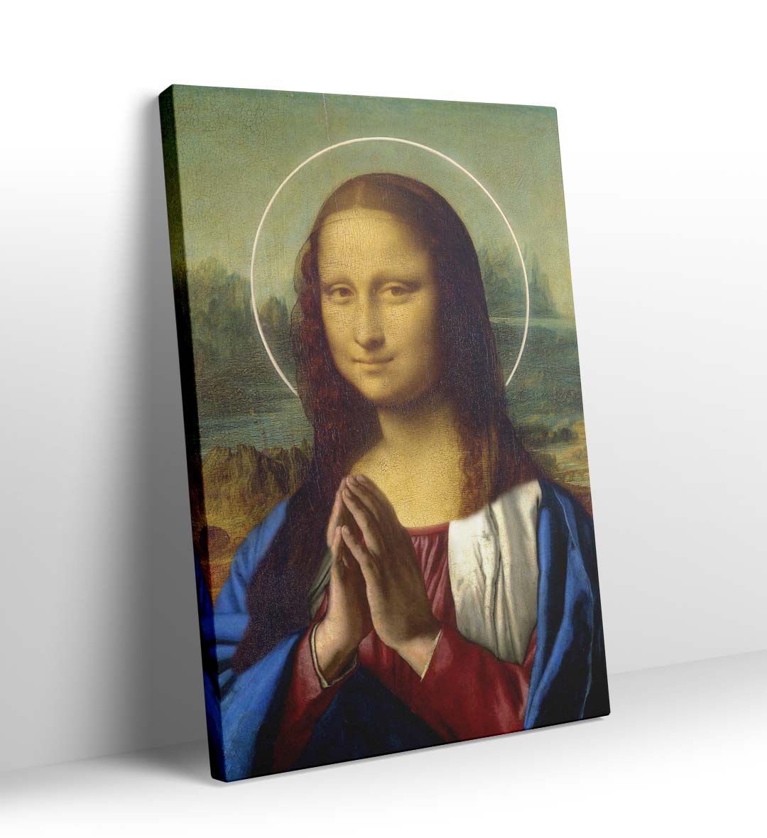 Divine Mona Lisa with halo and prayer pose wall art for Indian home decor.