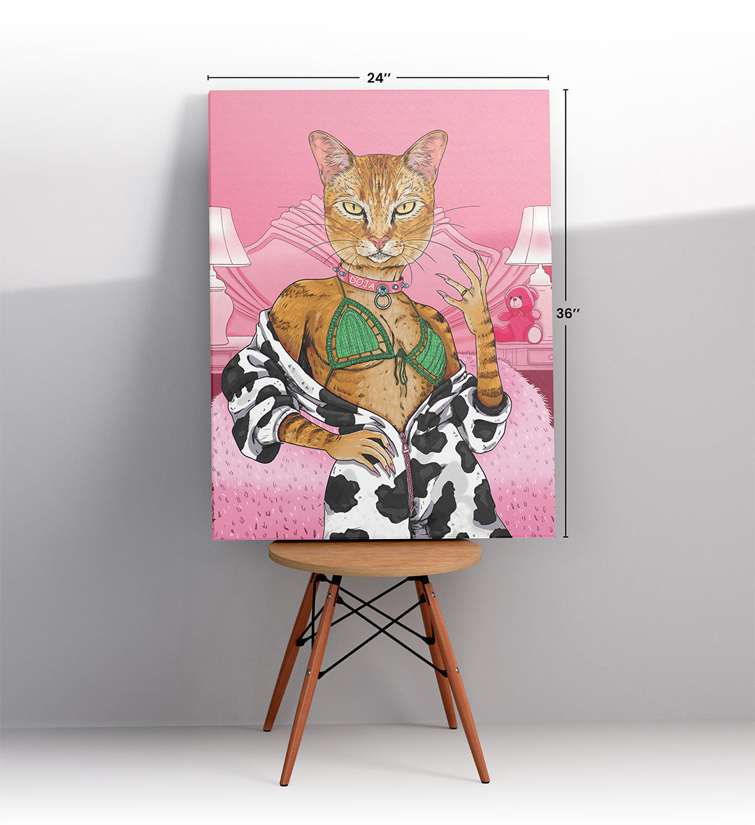 Doja Cat’s Glam Lounge whimsical pet wall art with a ginger cat in a pink bedroom for Indian home decor.