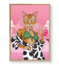 Doja Cat’s Glam Lounge whimsical pet wall art with a ginger cat in a pink bedroom for Indian home decor.