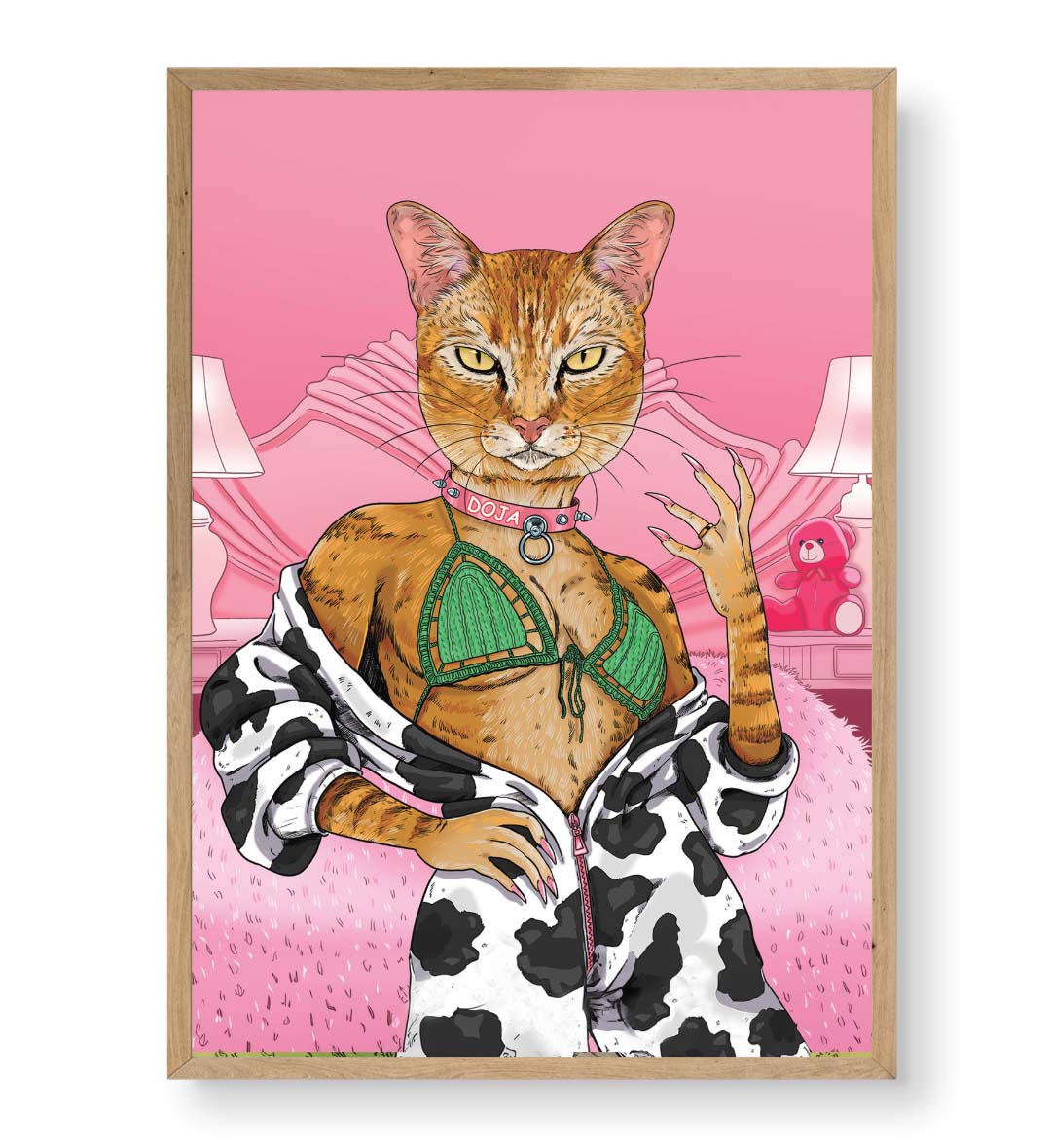 Doja Cat’s Glam Lounge whimsical pet wall art with a ginger cat in a pink bedroom for Indian home decor.