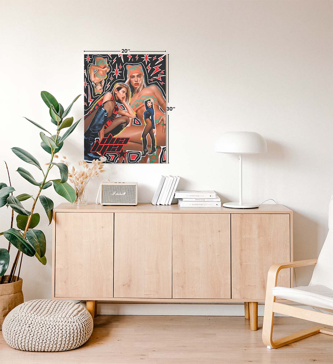 Dua Lipa Electric Beat pop star wall art with red lightning bolts and checkerboard pattern for Indian home decor.
