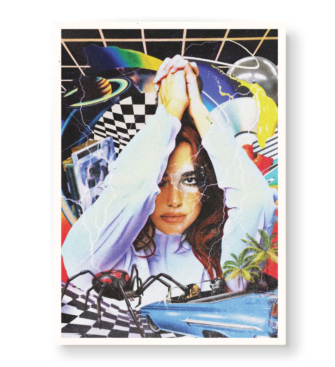 Dua Lipa's Retro Cosmic Vibe with surreal collage design wall art for home decor.