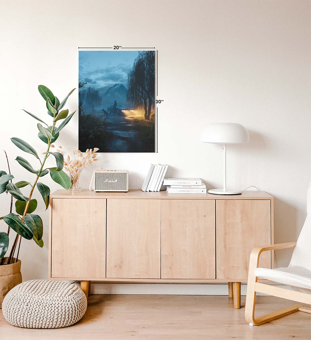 Mysterious journey canvas wall art with car and dog in misty mountains, perfect for modern Indian home decor.