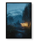 Mysterious journey canvas wall art with car and dog in misty mountains, perfect for modern Indian home decor.