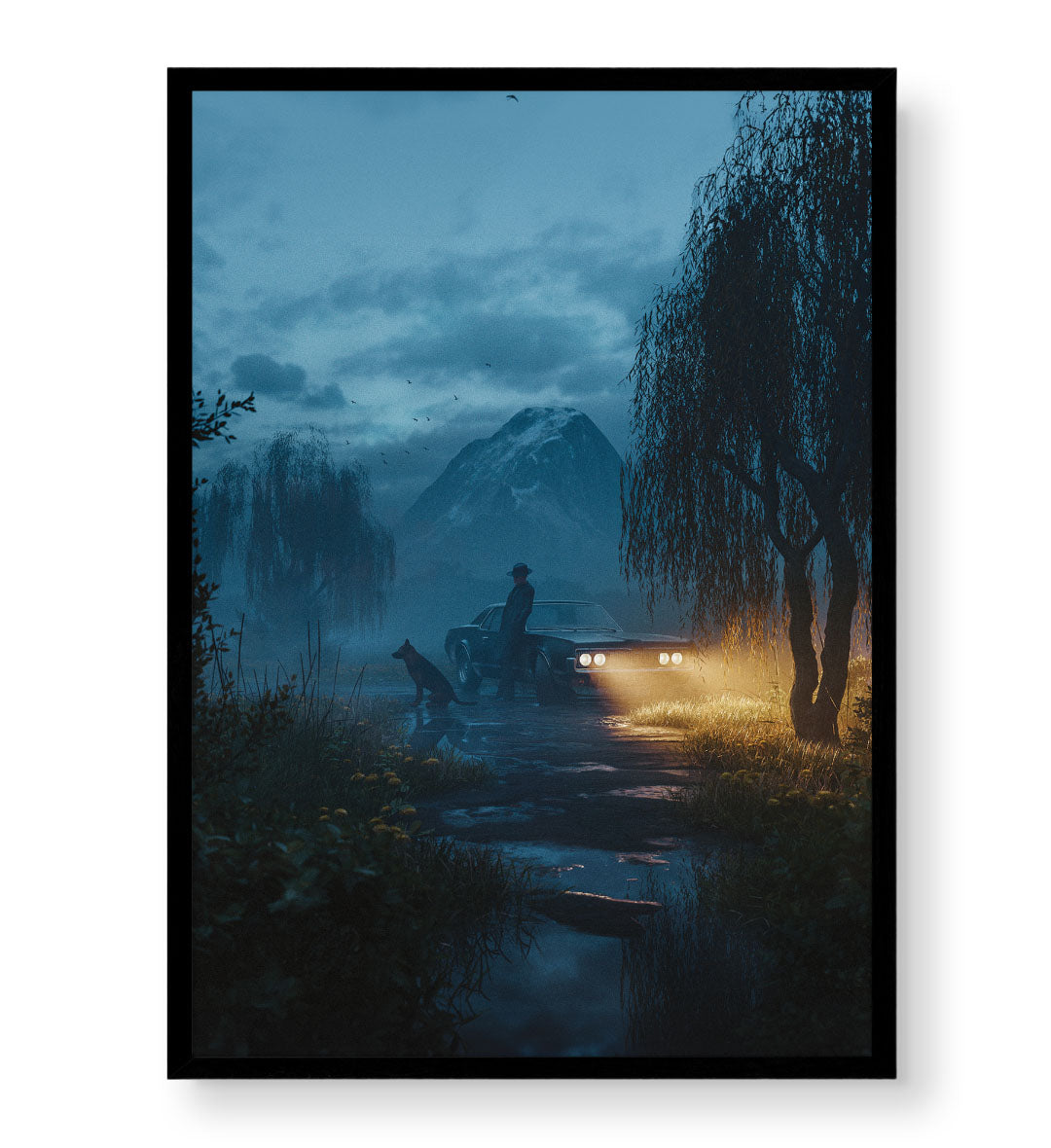 Mysterious journey canvas wall art with car and dog in misty mountains, perfect for modern Indian home decor.