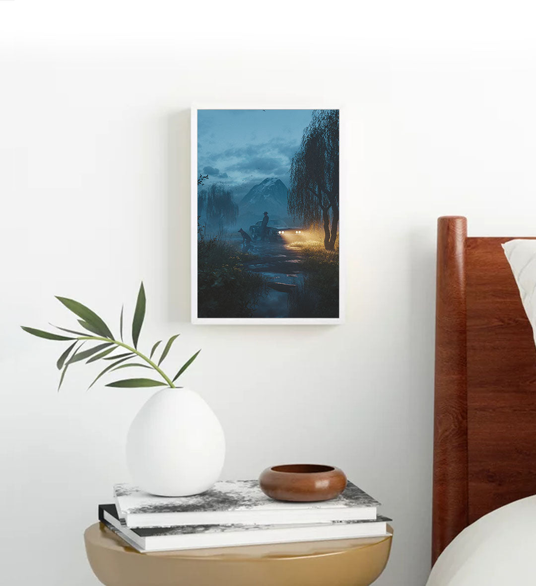 Mysterious journey canvas wall art with car and dog in misty mountains, perfect for modern Indian home decor.