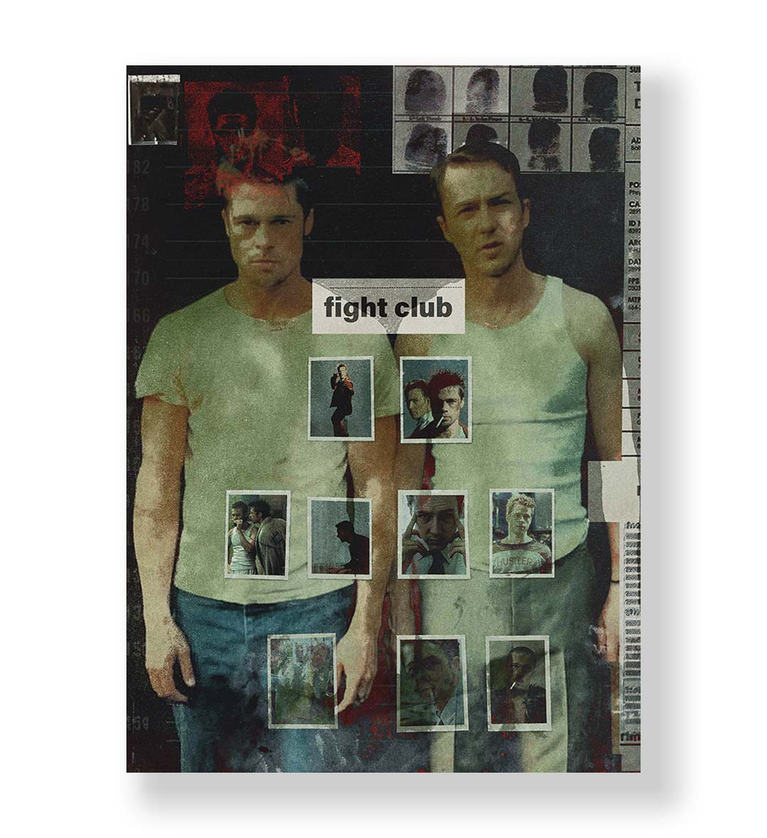 Fight Club Chaos Collage cinematic wall art with gritty tones and red splatters for Indian home decor.