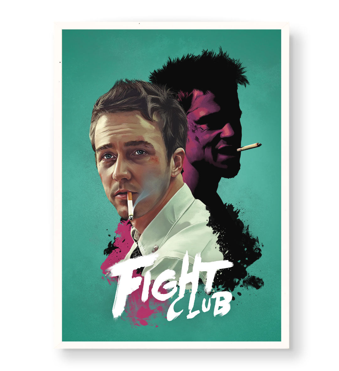 Fight Club Dual Shadows cinematic wall art with teal background and pink accents for Indian home decor.