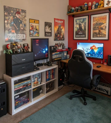 Gaming room wall art packed with neon grids and hero icons, leveling up the vibe for late-night sessions.