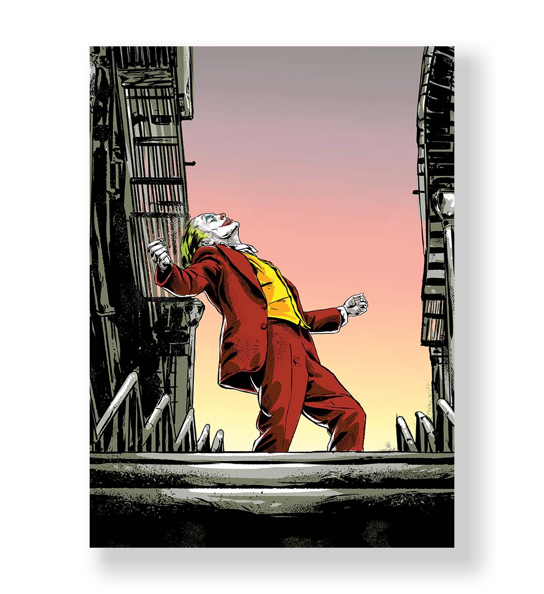 Joker’s Sunset Dance cinematic wall art with red suit and sunset sky for Indian home decor.