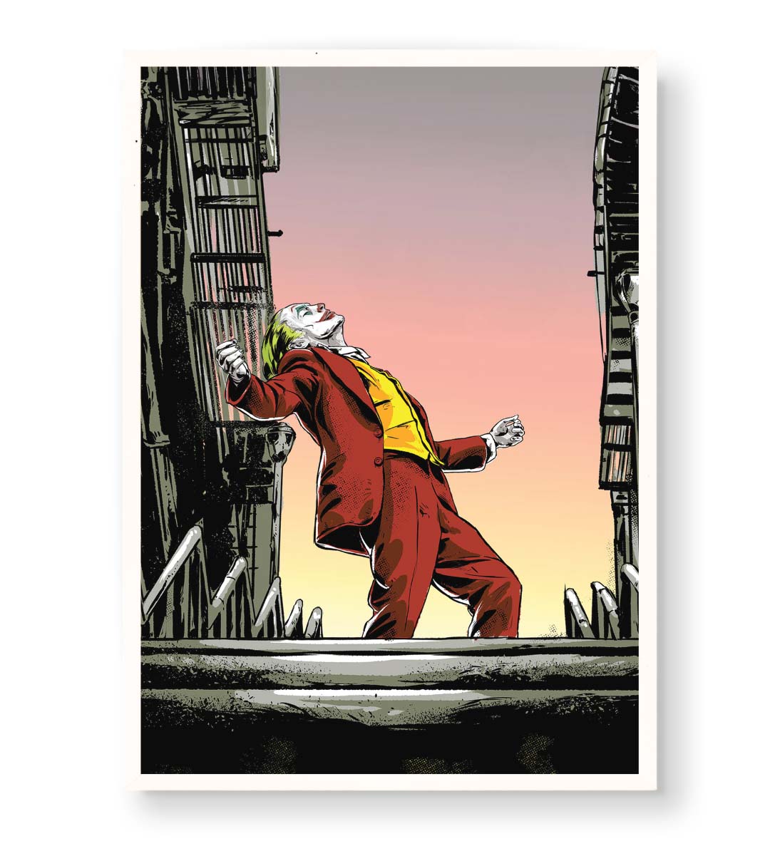 Joker’s Sunset Dance cinematic wall art with red suit and sunset sky for Indian home decor.