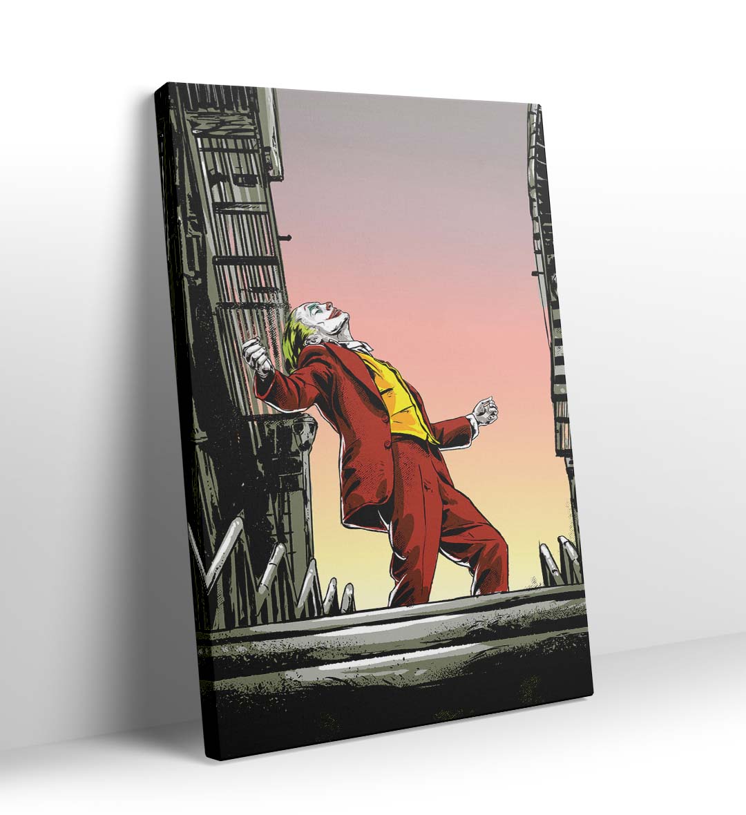 Joker’s Sunset Dance cinematic wall art with red suit and sunset sky for Indian home decor.