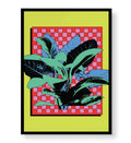 Tropical pop canvas wall art with leaves and checkered background, perfect for modern Indian home decor.