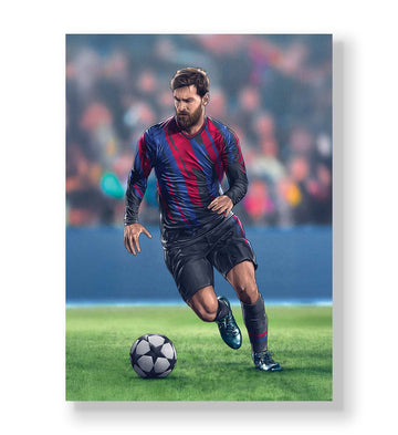 Lionel Messi canvas wall art in Barcelona jersey, perfect for modern Indian sports home decor.
