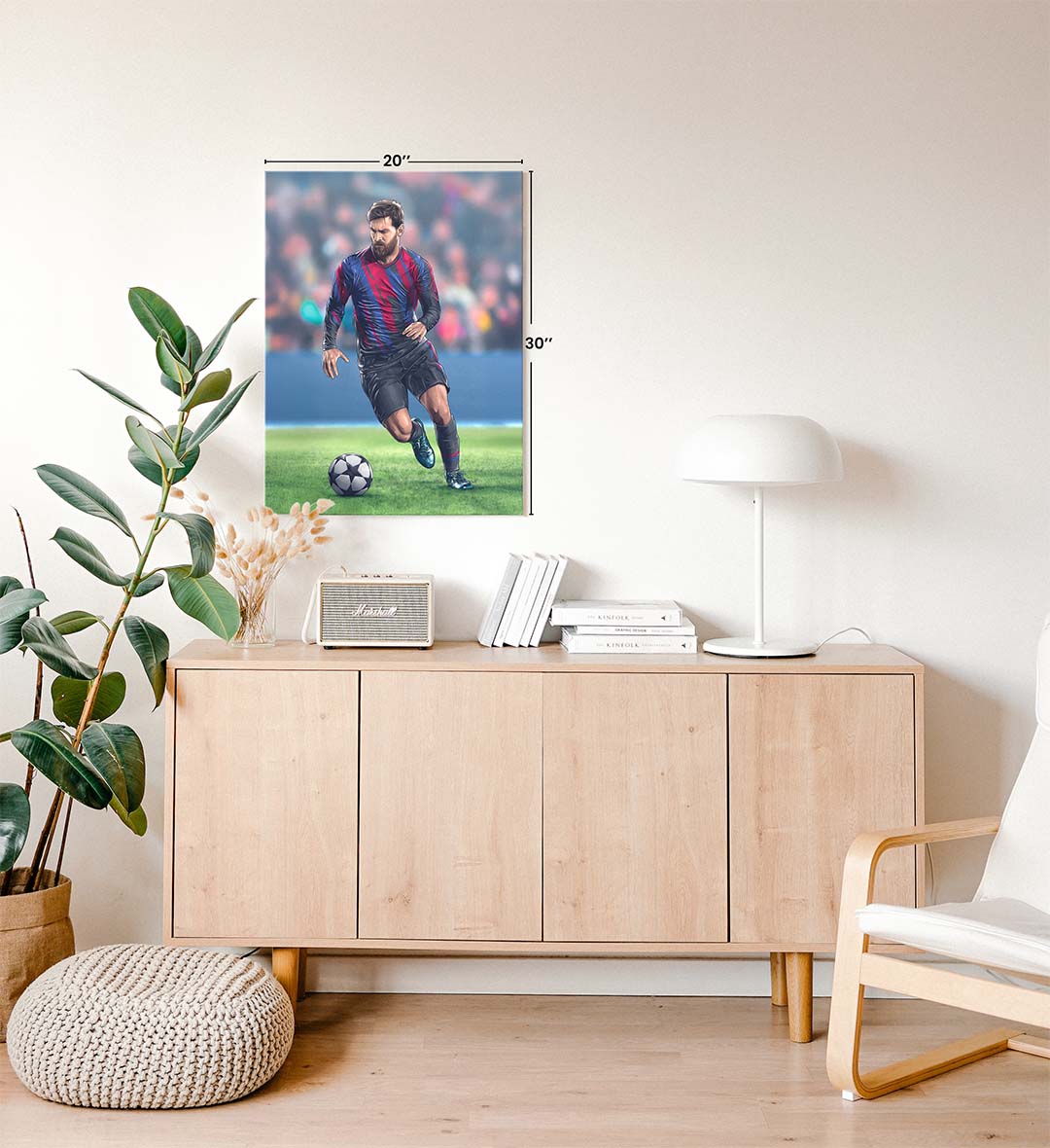 Lionel Messi canvas wall art in Barcelona jersey, perfect for modern Indian sports home decor.