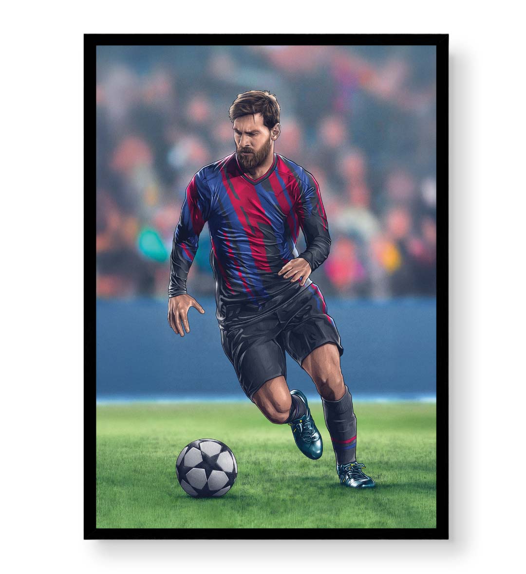 Lionel Messi canvas wall art in Barcelona jersey, perfect for modern Indian sports home decor.