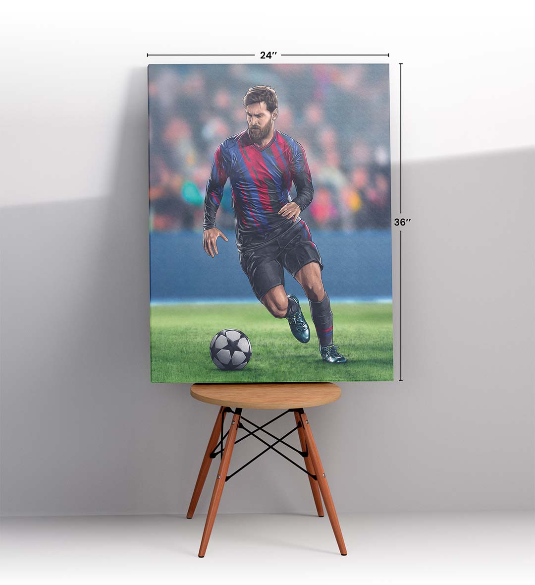Lionel Messi canvas wall art in Barcelona jersey, perfect for modern Indian sports home decor.