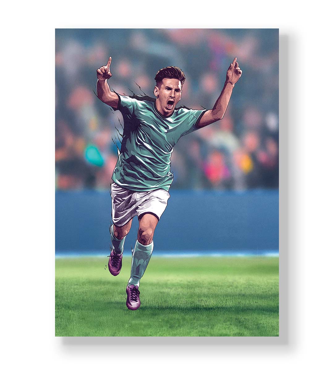 Lionel Messi canvas wall art in Argentina jersey celebrating, ideal for modern Indian sports home decor.