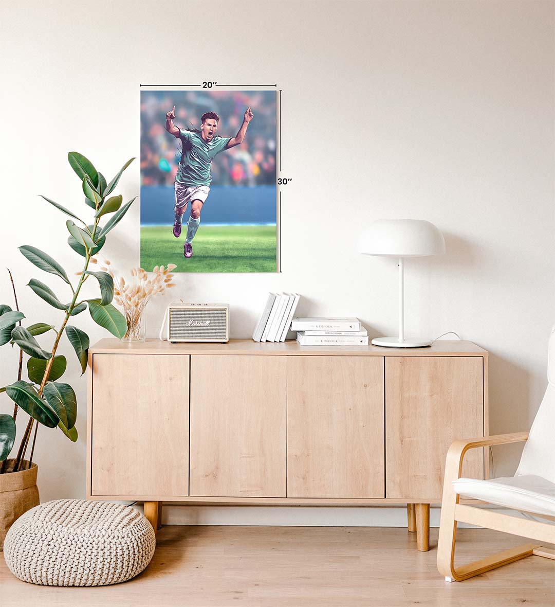 Lionel Messi canvas wall art in Argentina jersey celebrating, ideal for modern Indian sports home decor.