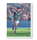 Lionel Messi canvas wall art in Argentina jersey celebrating, ideal for modern Indian sports home decor.