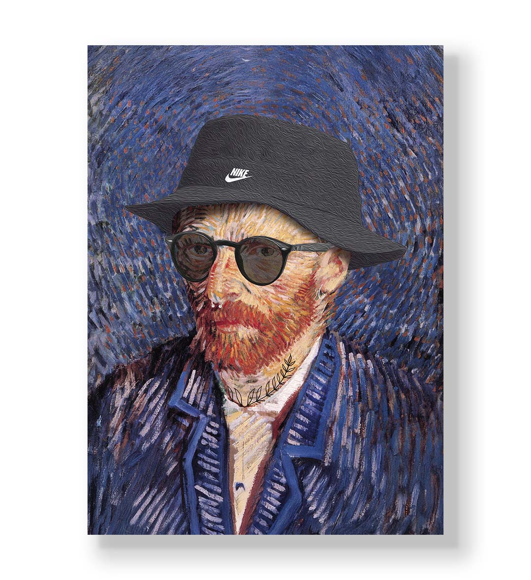 Vincent Van Gogh parody canvas wall art with Nike bucket hat and sunglasses, ideal for modern Indian home decor.