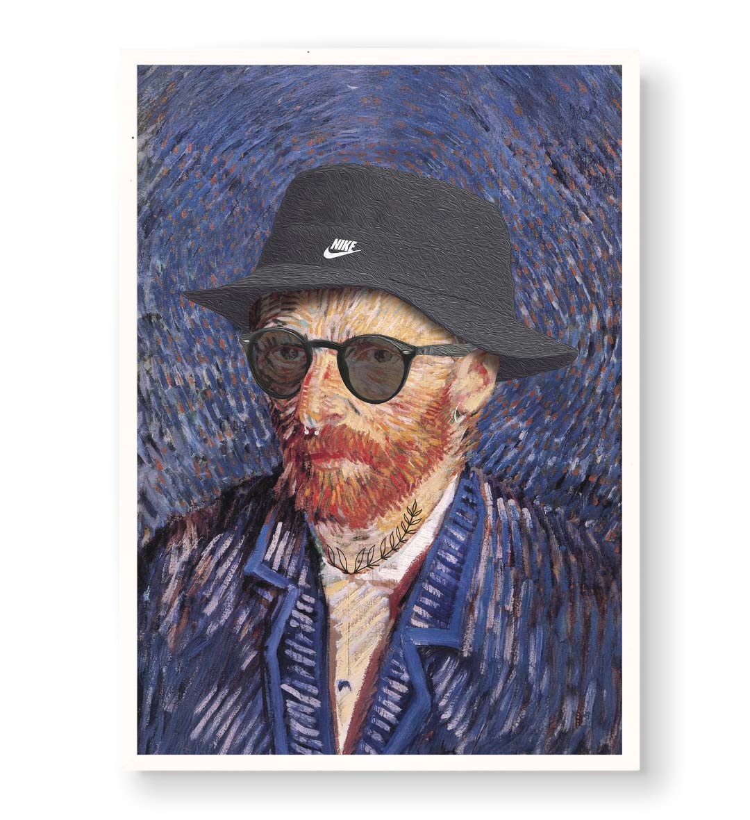 Vincent Van Gogh parody canvas wall art with Nike bucket hat and sunglasses, ideal for modern Indian home decor.