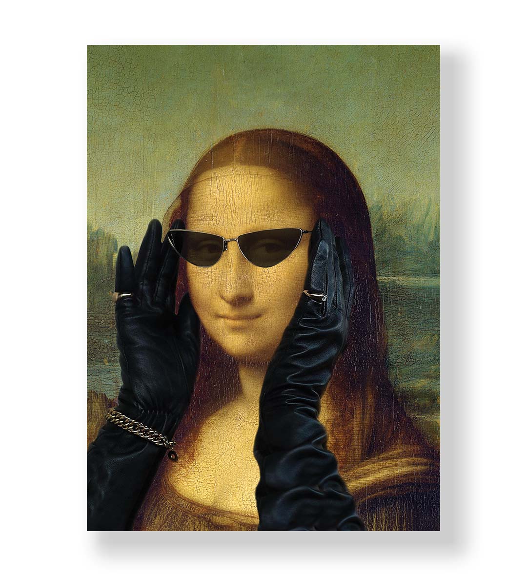 Mona Lisa in Vogue with modern sunglasses and leather gloves wall art for Indian home decor.