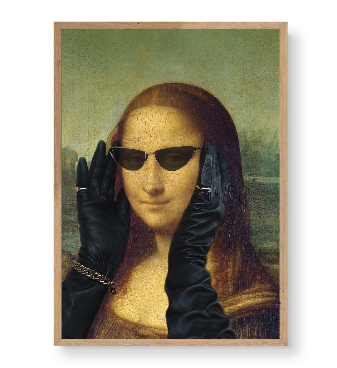 Mona Lisa in Vogue with modern sunglasses and leather gloves wall art for Indian home decor.