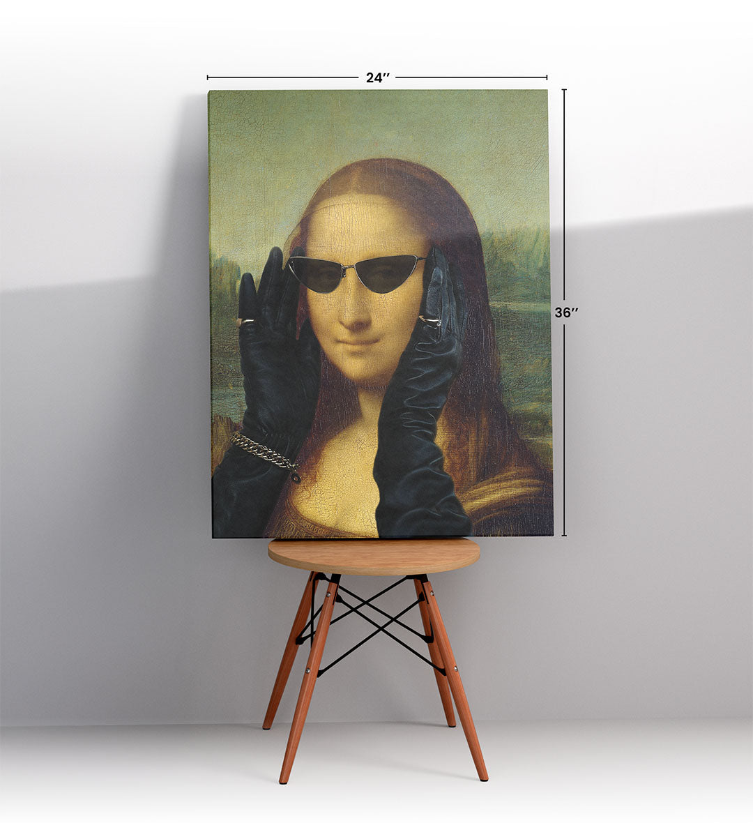 Mona Lisa in Vogue with modern sunglasses and leather gloves wall art for Indian home decor.