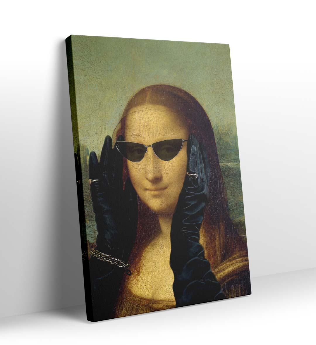 Mona Lisa in Vogue with modern sunglasses and leather gloves wall art for Indian home decor.