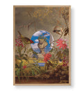 Framed wall art with nature-themed elements including flowers, birds, and a classical sculpture.