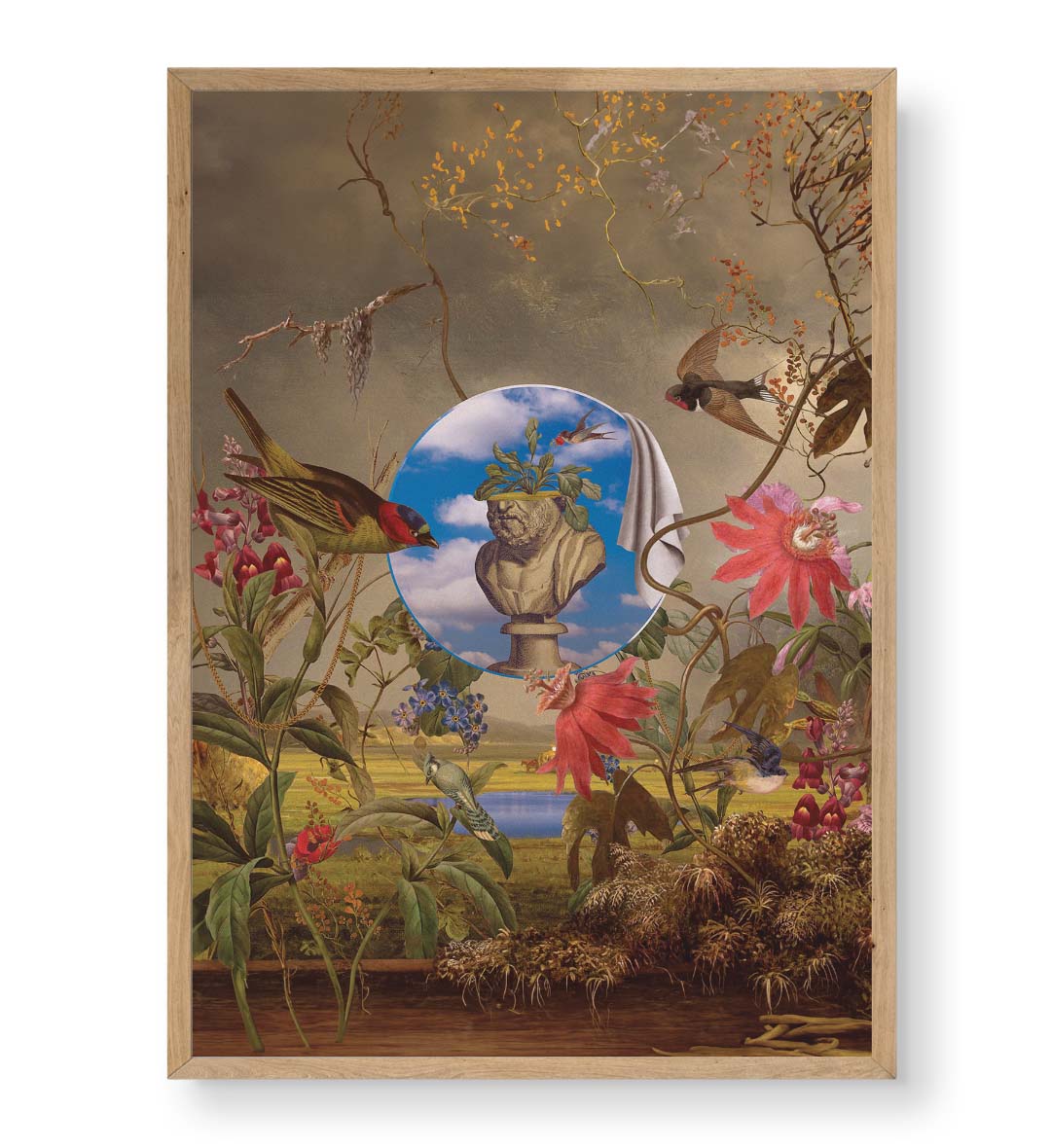Framed wall art with nature-themed elements including flowers, birds, and a classical sculpture.