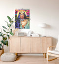Rihanna Neon Halo pop diva wall art with neon colors and golden halo for Indian home decor.