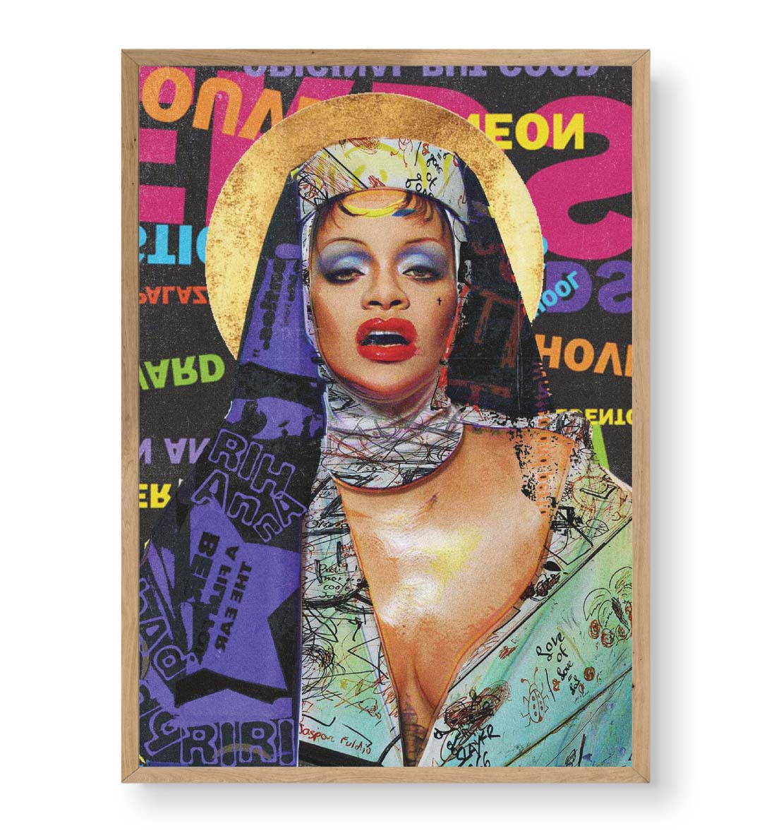 Rihanna Neon Halo pop diva wall art with neon colors and golden halo for Indian home decor.