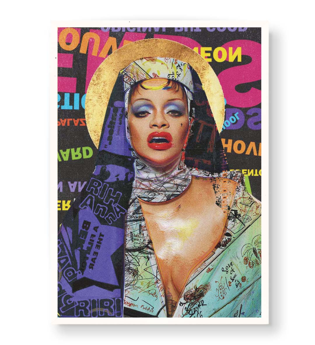Rihanna Neon Halo pop diva wall art with neon colors and golden halo for Indian home decor.