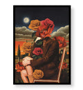 Surreal floral canvas wall art with rose face and glowing moon, ideal for modern Indian home decor.