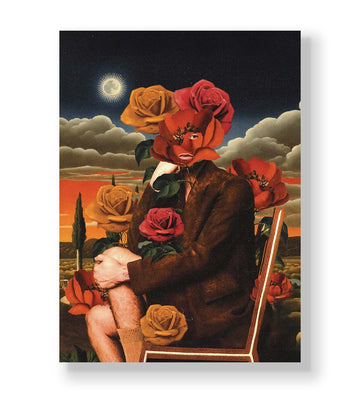 Surreal floral canvas wall art with rose face and glowing moon, ideal for modern Indian home decor.