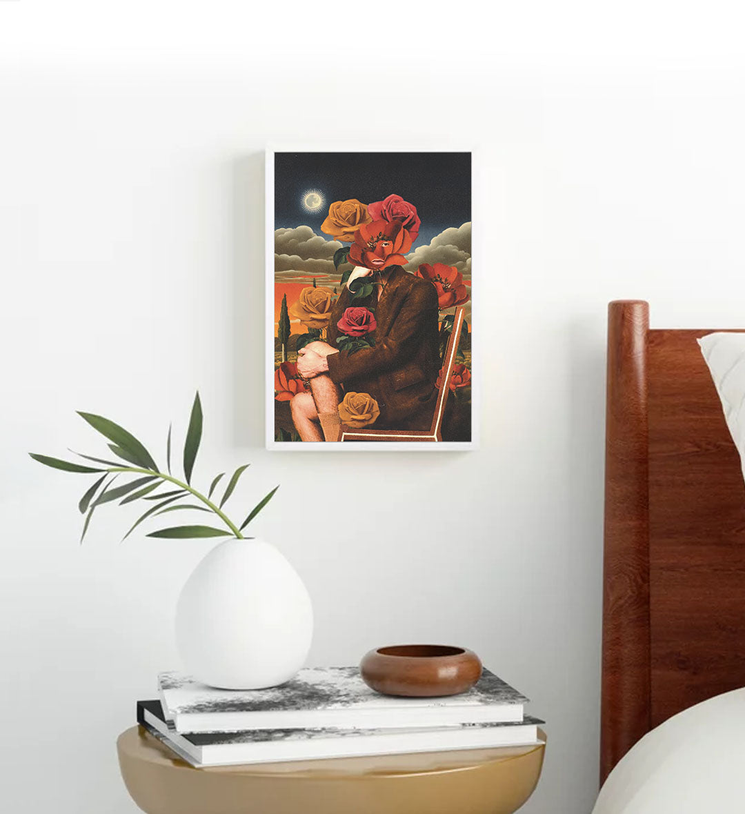 Surreal floral canvas wall art with rose face and glowing moon, ideal for modern Indian home decor.
