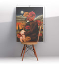 Surreal floral canvas wall art with rose face and glowing moon, ideal for modern Indian home decor.