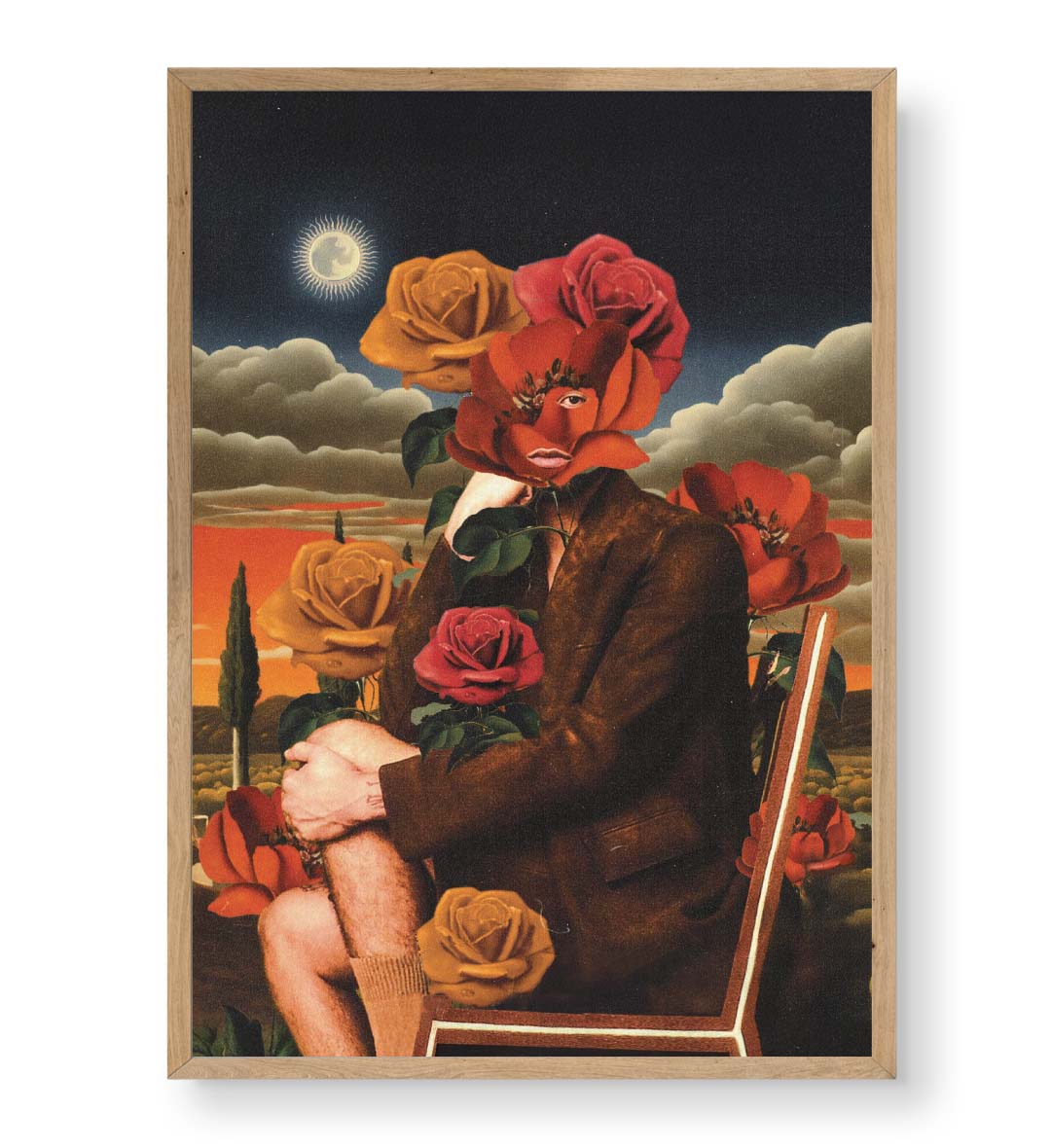 Surreal floral canvas wall art with rose face and glowing moon, ideal for modern Indian home decor.