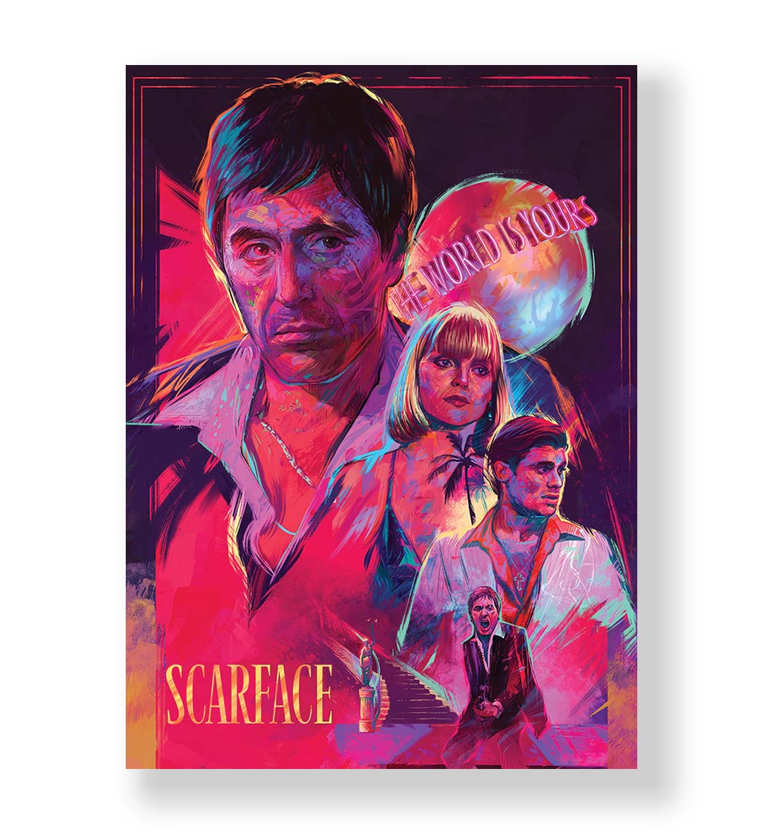 Scarface Neon Legacy cinematic wall art with neon pink and blue tones for Indian home decor.