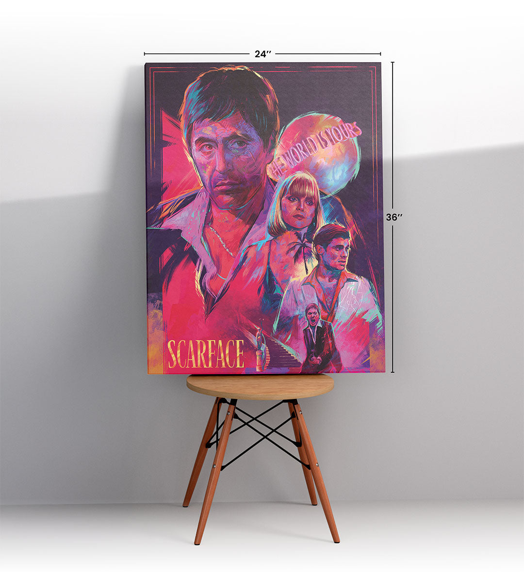 Scarface Neon Legacy cinematic wall art with neon pink and blue tones for Indian home decor.