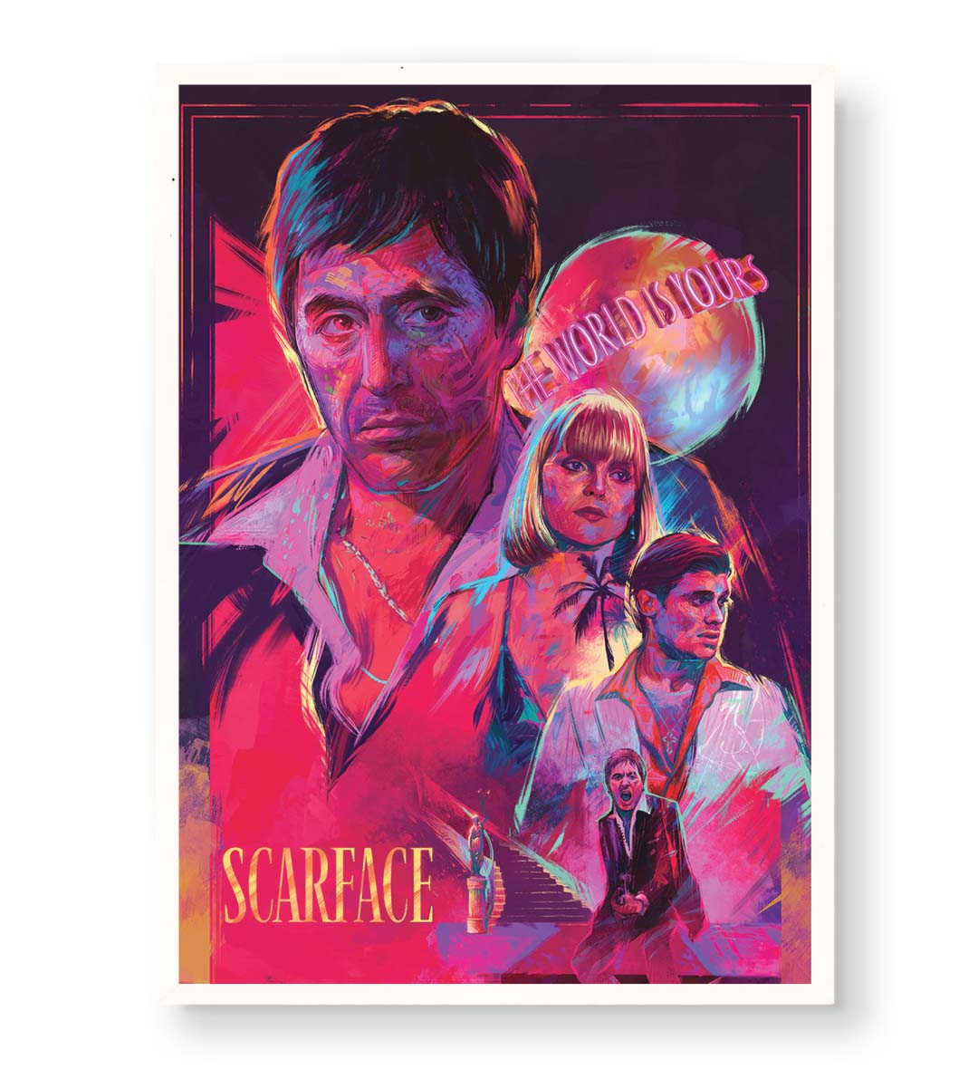Scarface Neon Legacy cinematic wall art with neon pink and blue tones for Indian home decor.