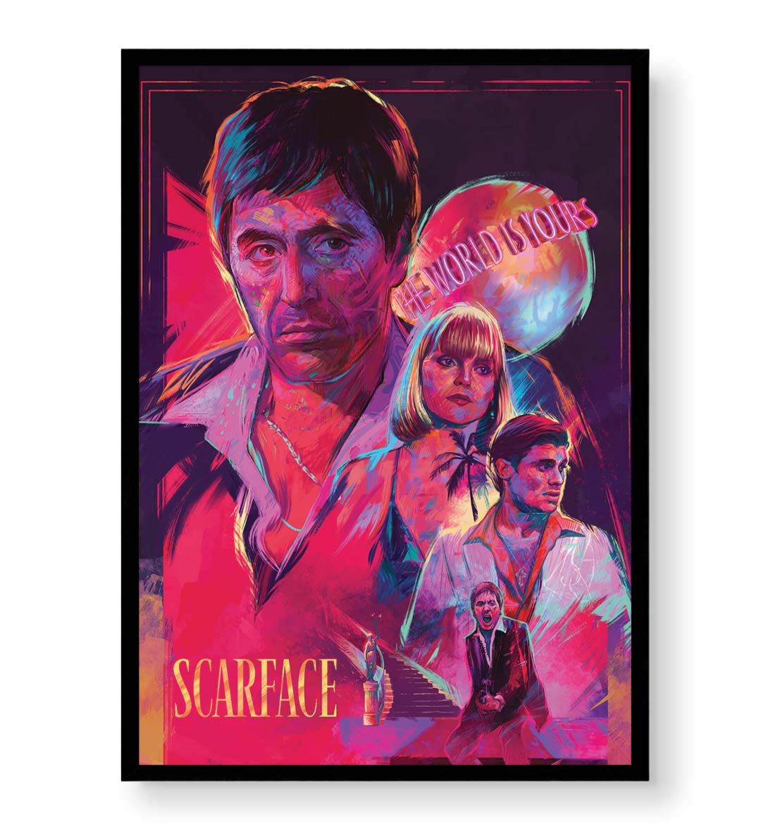 Scarface Neon Legacy cinematic wall art with neon pink and blue tones for Indian home decor.