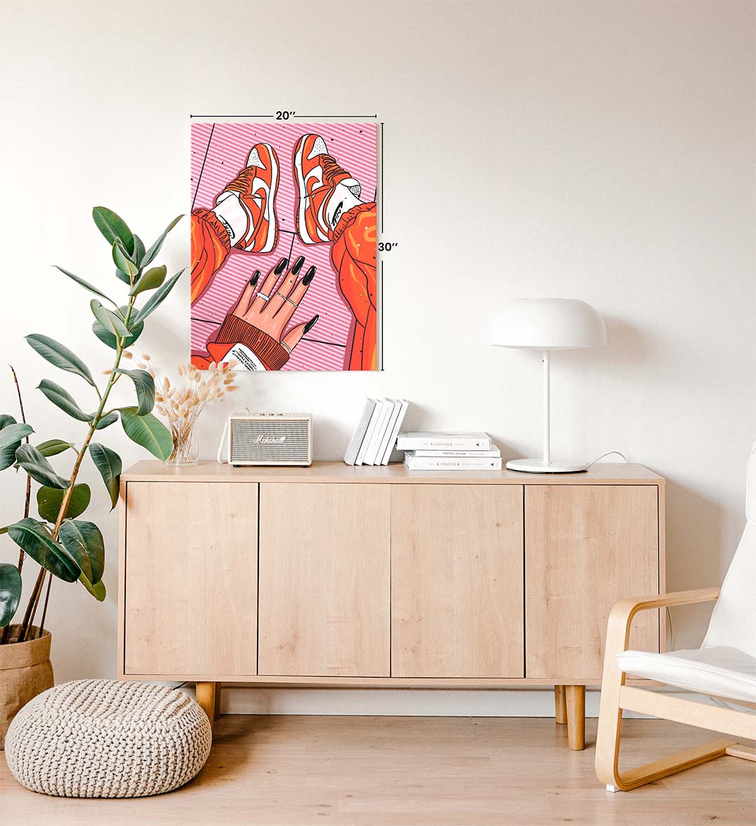 Sneaker Swagger Nike pop art wall canvas print with orange sneakers for Indian home decor.