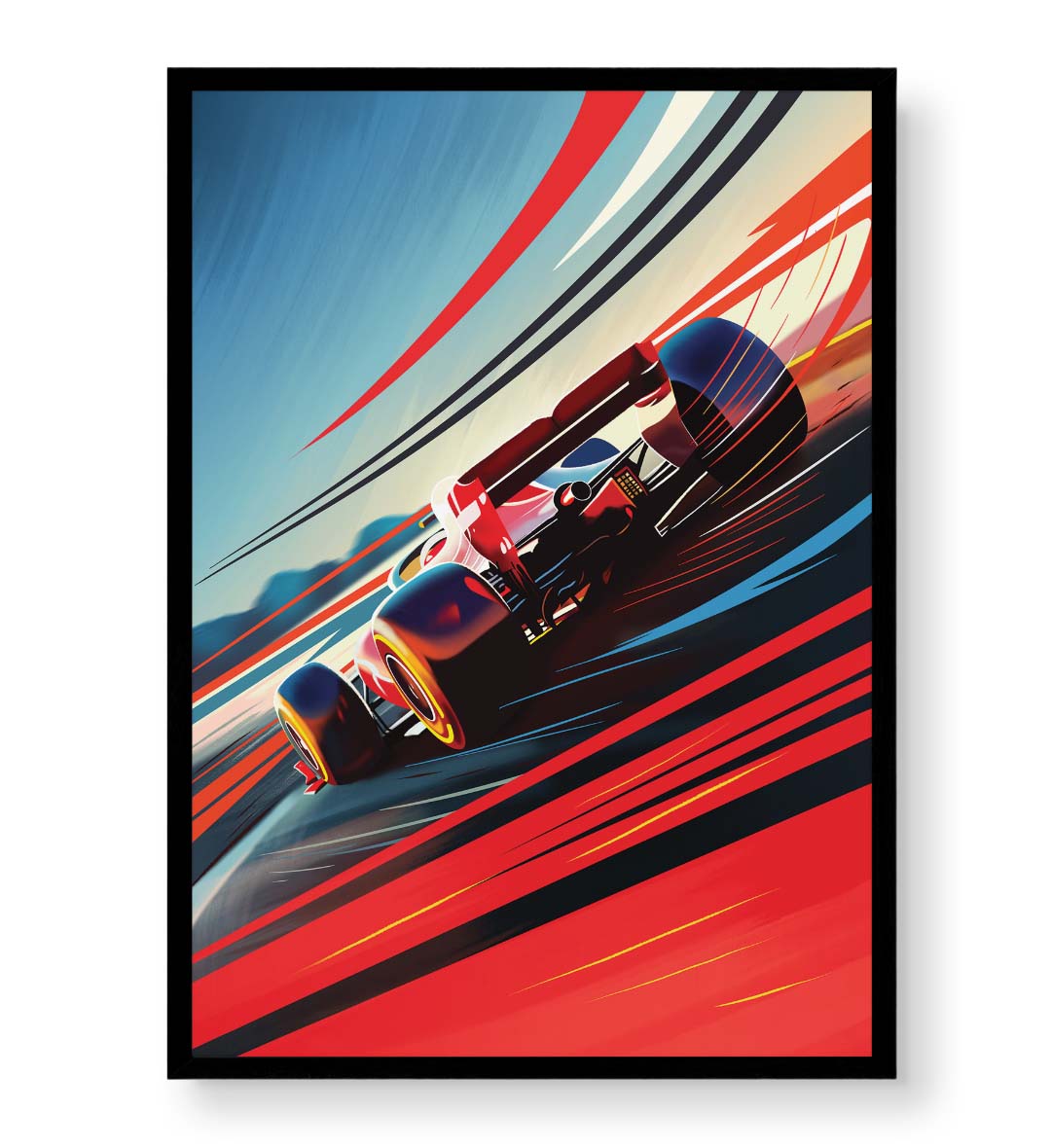 Framed poster of a racing car on a track with dynamic colors.