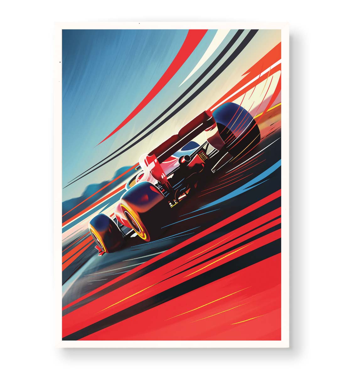 Colorful wall art of a racing car on a dynamic background