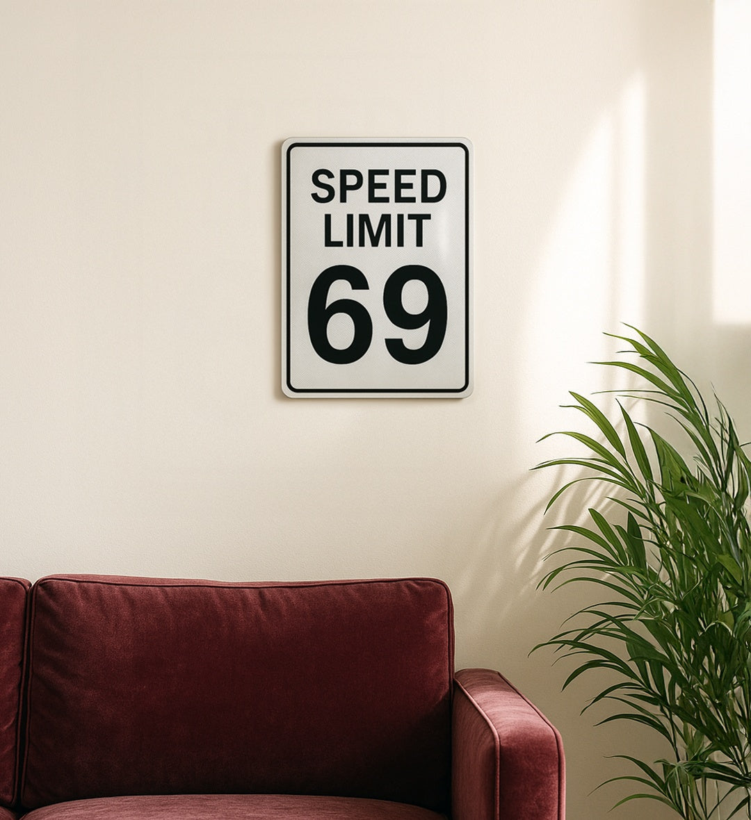 Cheeky "Speed Limit 69" metal sign, winking at fun for game room giggles.