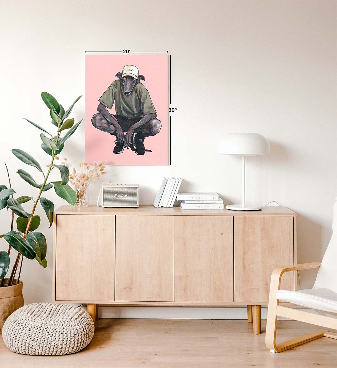 Street Hound whimsical pet wall art with a greyhound in streetwear for Indian home decor.