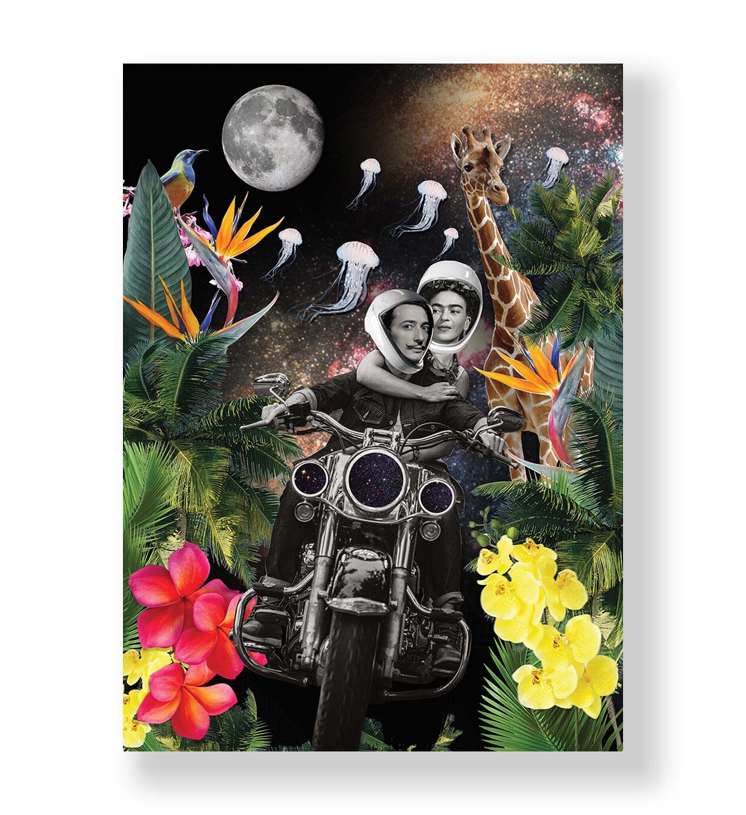 Surreal Safari Ride wall art featuring Dalí and Frida Kahlo on a cosmic motorcycle for Indian home decor.